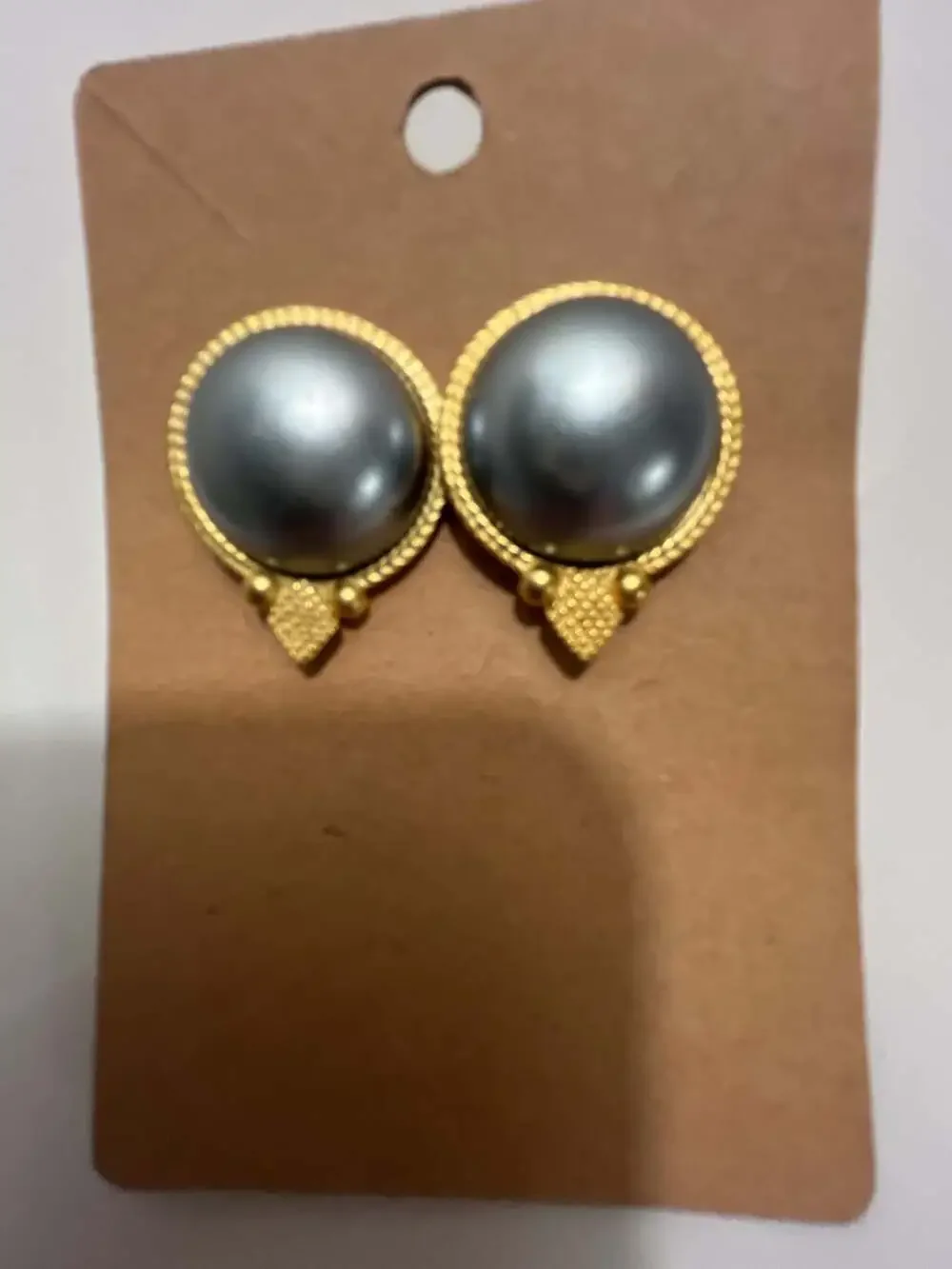 Vintage Nolan Miller Faux Gray Pearl Gold Tone Stud Earrings